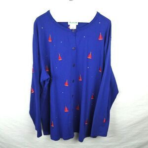 Quacker Factory Plus Size Button Front Sailboat Rhinestone Embroidered Blouse 2X